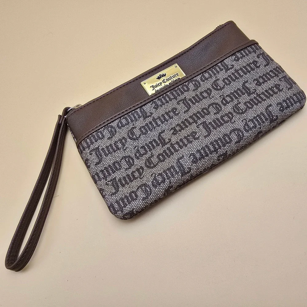 Juicy Couture Brown Monogram Logo Wristlet Wallet Pouch with Gold Tone Hardware